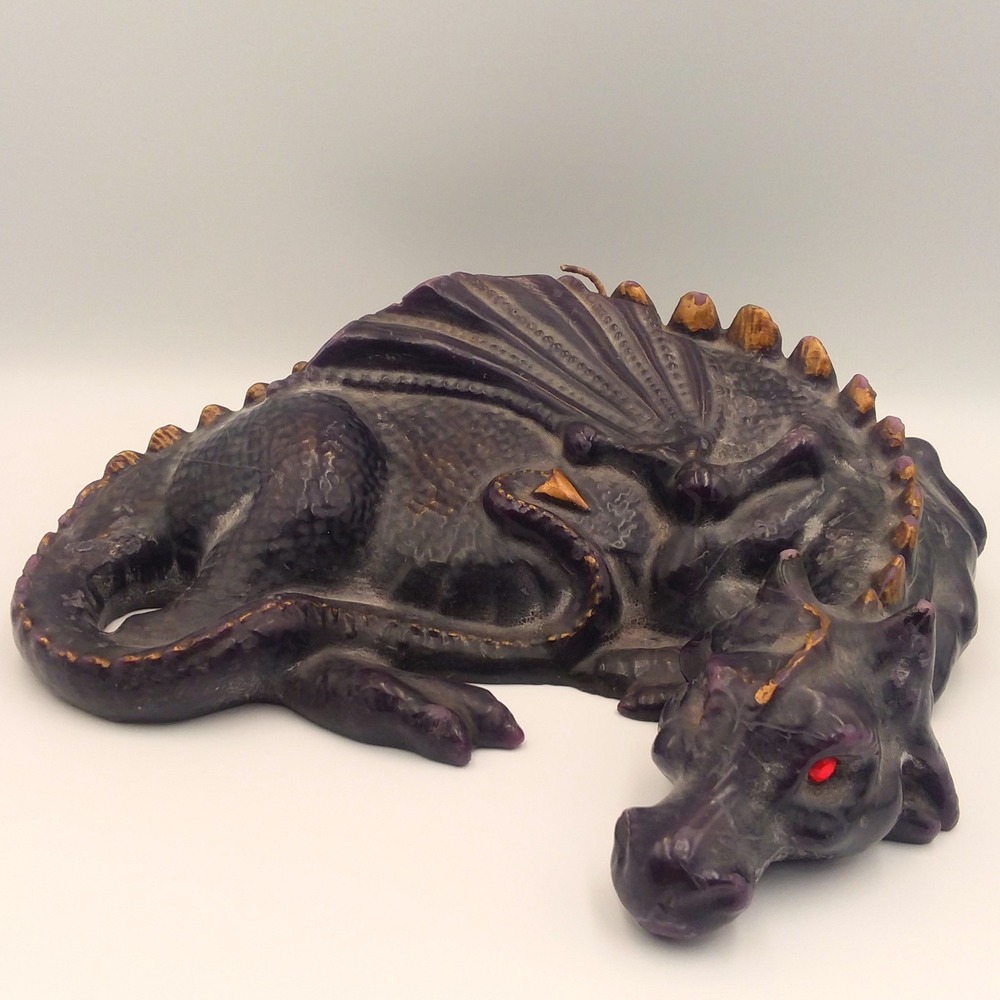 VTG Large Dark Purple Dragon Candle Red Eyes Gold Accents Mythical Fantasy Puff